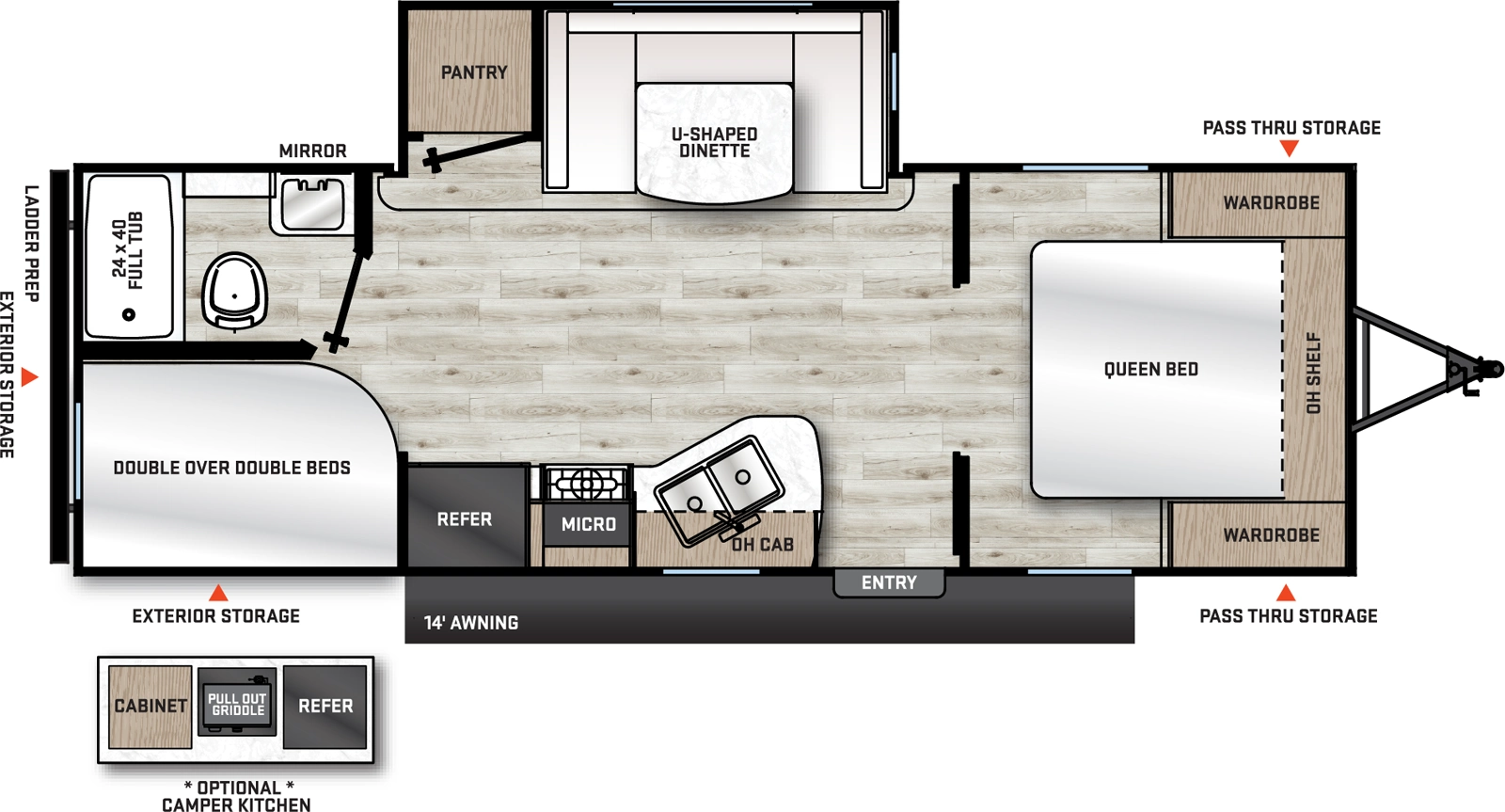 The Aurora Light 23BHS floorplan has one entry and one slide out. Exterior features include: metal exterior, 14' awning and outside kitchen. Interiors features include: bunk beds, u-dinette and front bedroom.
